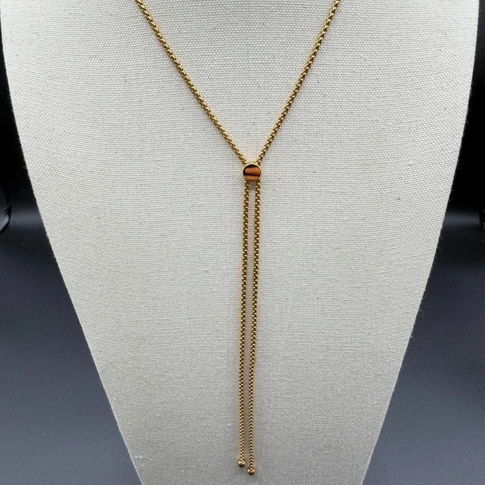 Gold Tone Adjustable Bolo Lariat Necklace Box Chain Tassel Minimalist Jewelry